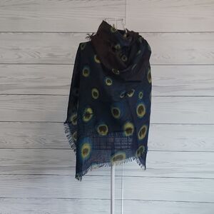 Tarnish Scarf Peacock Print Blue and Yellow  Wool 78"x30"